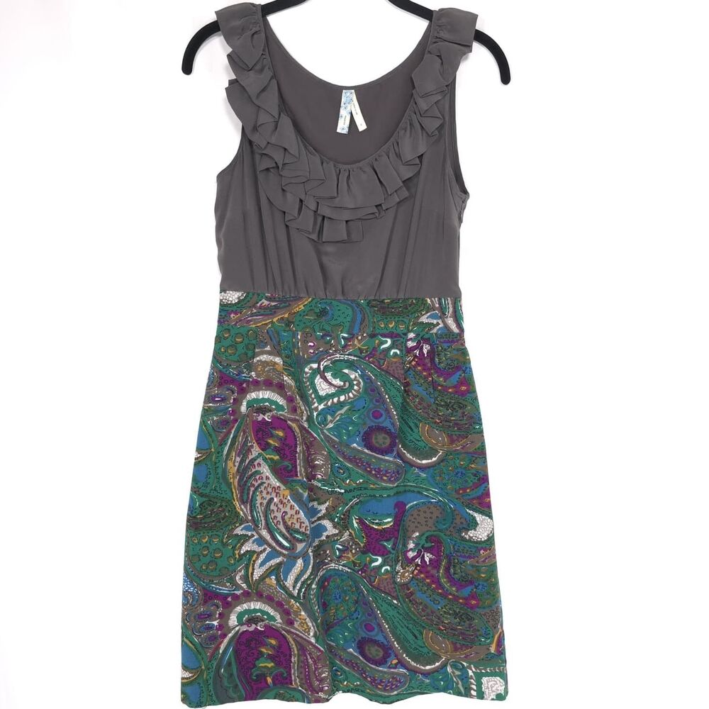 ANTHROPOLOGIE MAEVE Women's Dress Knee Lenght 2 Silk Cotton Paisley Ruffle